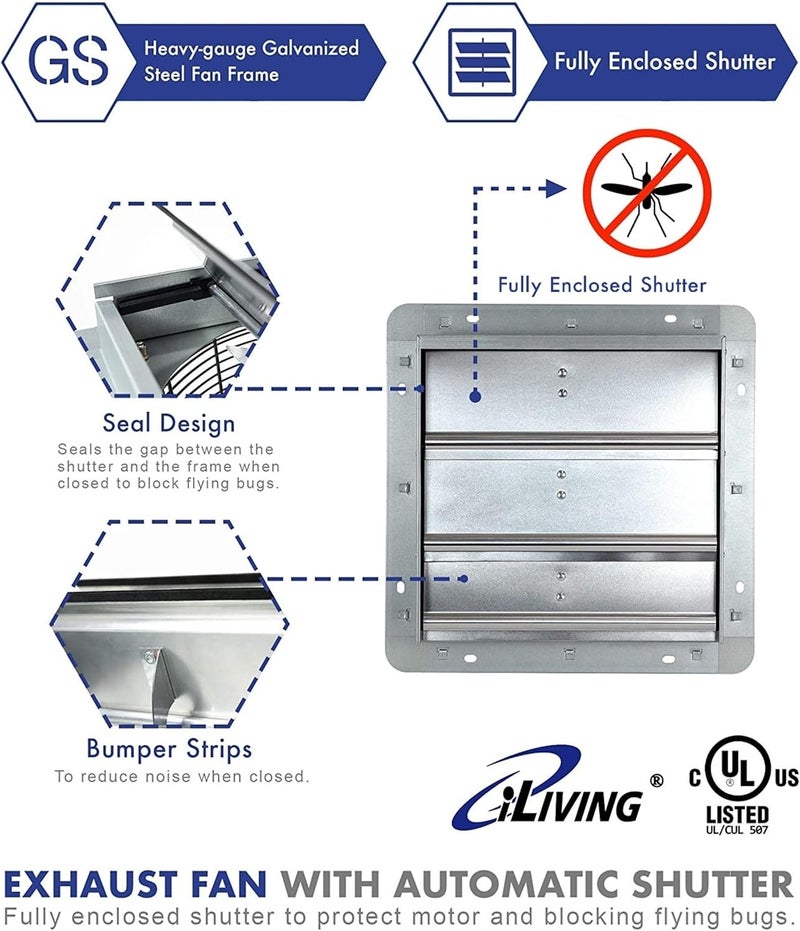 Iliving 12-Inch Wall Mounted Exhaust Fan with Variable Speed, 960 CFM, 1400 SQF Coverage Area, Silver - Image 4